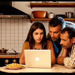**Image Prompt:** A cozy Italian family sitting around a kitchen table, looking at a laptop displaying a graph of fluctuating interest rates. The setting is a typical Italian kitchen with warm lighting and traditional decor. Emphasize the concern and confusion on their faces. "BCE tassi di interesse" subtly displayed on the laptop screen.