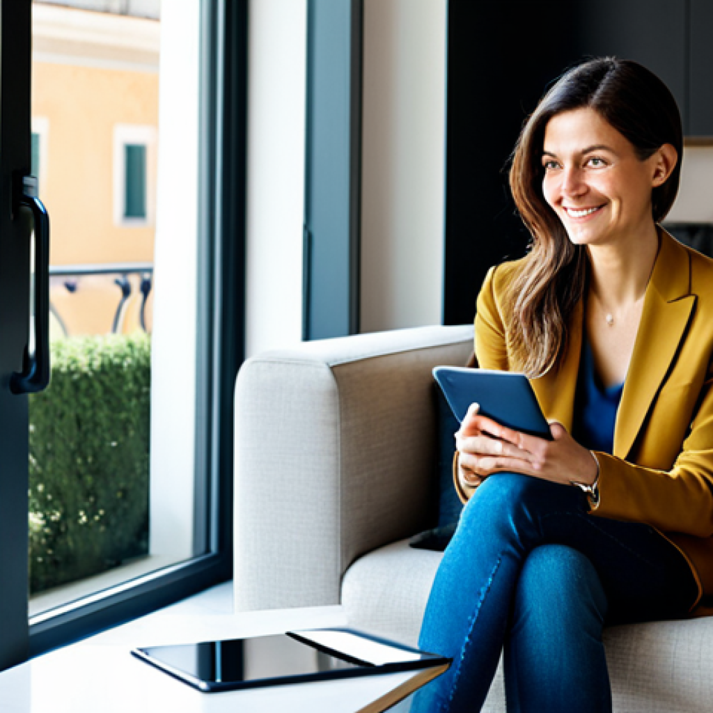A confident Italian woman in her late 30s, dressed in modest, stylish business casual clothing, sits comfortably on a modern sofa in a well-lit living room. She smiles slightly, using a tablet to manage her online banking, reflecting financial ease and control. A laptop sits on a nearby coffee table. The backdrop is a clean, contemporary Italian home interior, possibly with a subtle view of an Italian city's architecture through a window. The image should be professional photography, high-resolution, with natural light and soft focus in the background. fully clothed, modest clothing, appropriate attire, professional dress, perfect anatomy, correct proportions, natural pose, well-formed hands, proper finger count, natural body proportions, safe for work, appropriate content, professional, family-friendly.