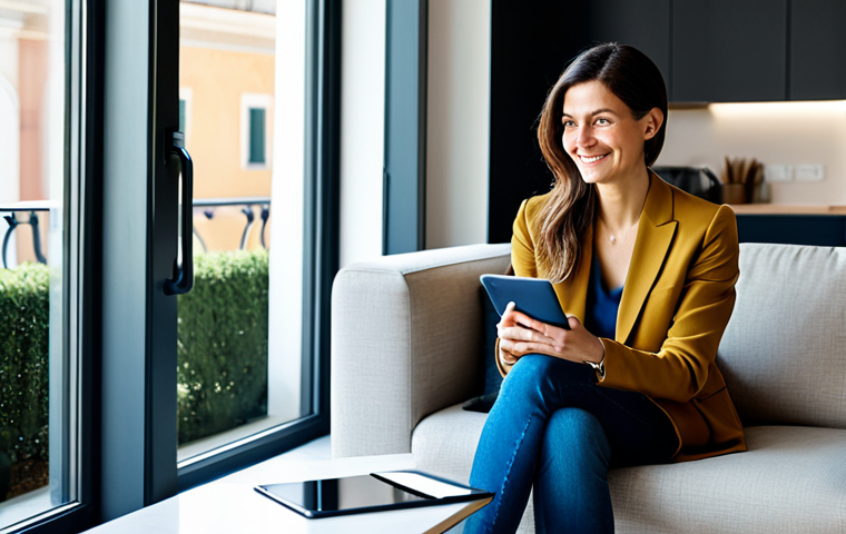 A confident Italian woman in her late 30s, dressed in modest, stylish business casual clothing, sits comfortably on a modern sofa in a well-lit living room. She smiles slightly, using a tablet to manage her online banking, reflecting financial ease and control. A laptop sits on a nearby coffee table. The backdrop is a clean, contemporary Italian home interior, possibly with a subtle view of an Italian city's architecture through a window. The image should be professional photography, high-resolution, with natural light and soft focus in the background. fully clothed, modest clothing, appropriate attire, professional dress, perfect anatomy, correct proportions, natural pose, well-formed hands, proper finger count, natural body proportions, safe for work, appropriate content, professional, family-friendly.