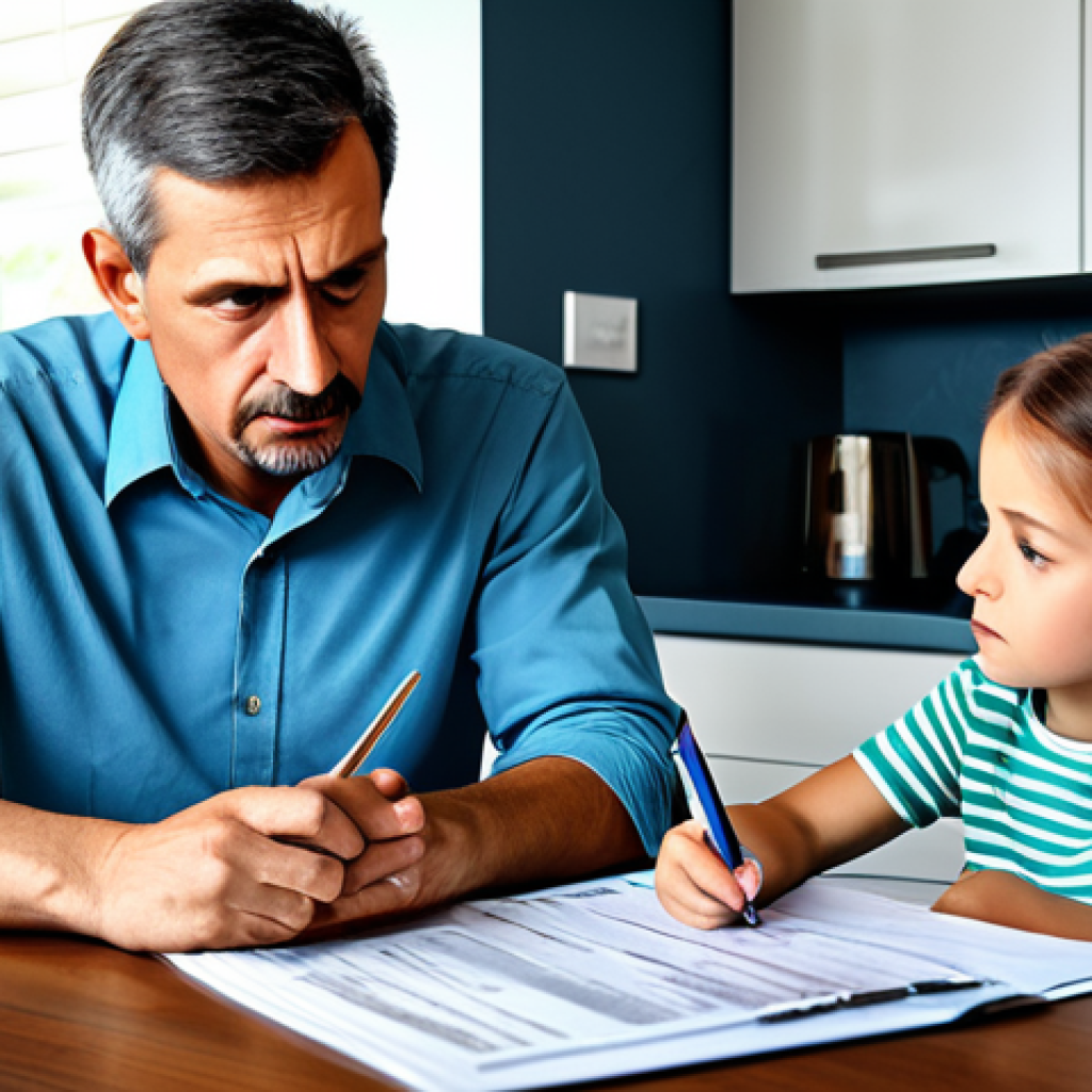 Family Budget and Mortgage Concerns**

"A concerned family (mother, father, child) sitting at a kitchen table reviewing bills and financial documents, calculator visible, modest home interior, fully clothed, appropriate attire, safe for work, family-friendly, illustration style, emphasizing financial strain but in a safe and responsible manner, natural proportions, perfect anatomy, professional illustration, high quality."

**