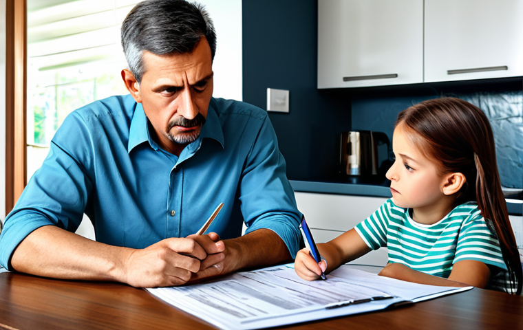 Family Budget and Mortgage Concerns**
"A concerned family (mother, father, child) sitting at a kitchen table reviewing bills and financial documents, calculator visible, modest home interior, fully clothed, appropriate attire, safe for work, family-friendly, illustration style, emphasizing financial strain but in a safe and responsible manner, natural proportions, perfect anatomy, professional illustration, high quality."
**