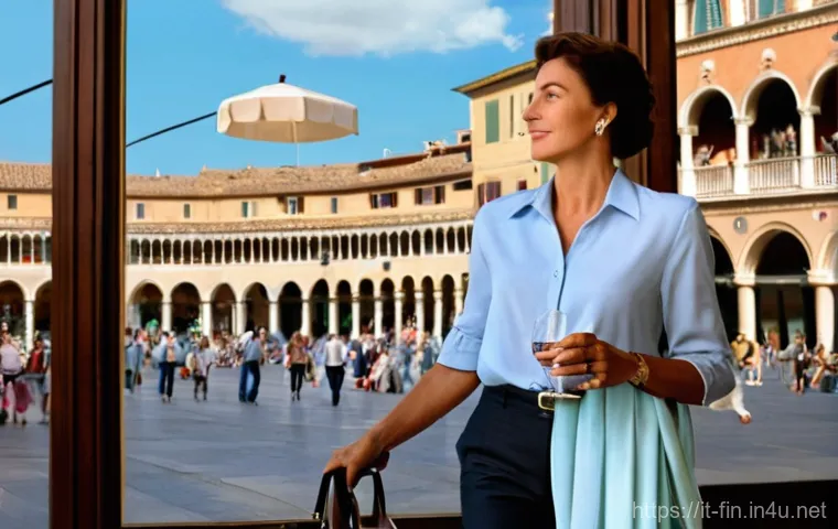자유무역협정과 환율 관계 - **Prompt:** A dynamic and engaging scene set in a bustling, sunlit Italian piazza. In the foreground...