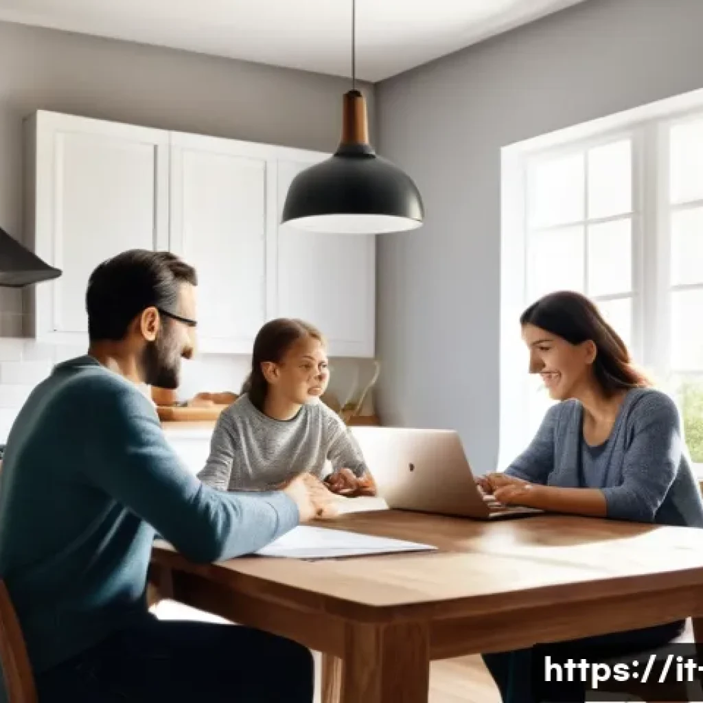 금리 상승에 따른 주택담보대출 부담 - A modern Italian family sitting around a kitchen table in a cozy, sunlit home, reviewing their month...