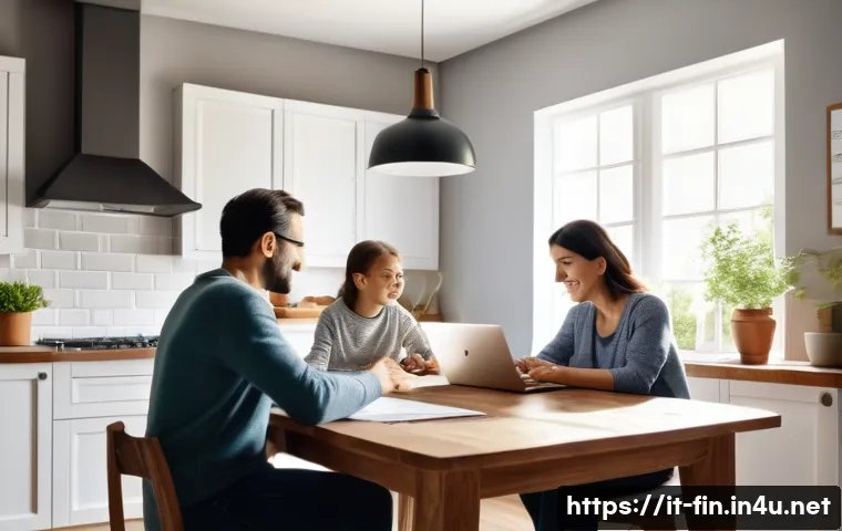 금리 상승에 따른 주택담보대출 부담 - A modern Italian family sitting around a kitchen table in a cozy, sunlit home, reviewing their month...