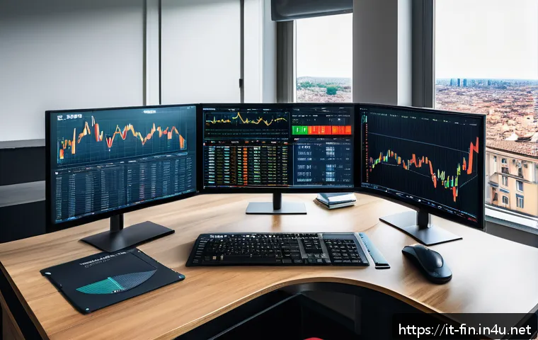 외환딜러 직업 소개 - A professional Italian trader sitting at a modern desk in a sleek home office with multiple monitors...