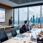 Home 18 원화 강세와 수출입 영향 - A modern Italian business meeting scene in a sleek conference room overlooking Milan’s skyline, feat...