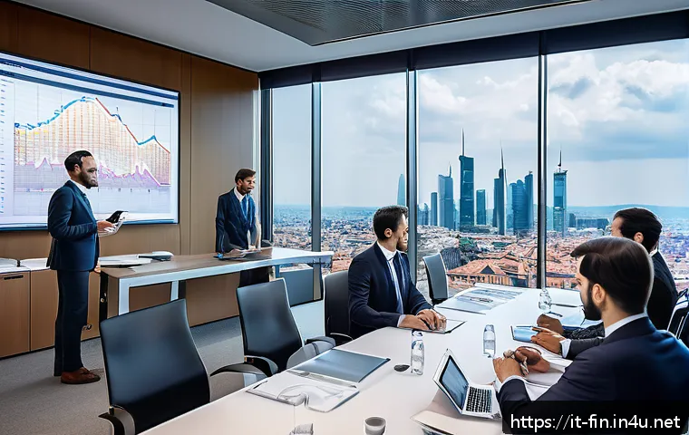 원화 강세와 수출입 영향 - A modern Italian business meeting scene in a sleek conference room overlooking Milan’s skyline, feat...