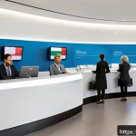 Home 23 은행 예금 금리 비교 - A modern Italian bank branch interior with customers consulting friendly bank staff about fixed-term...
