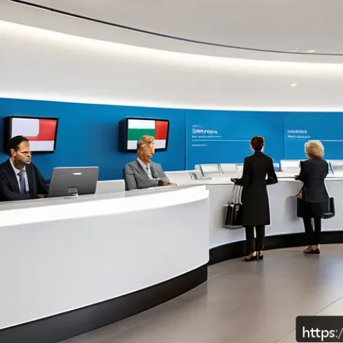 Home 17 은행 예금 금리 비교 - A modern Italian bank branch interior with customers consulting friendly bank staff about fixed-term...